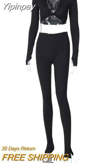 Yipinpay 2 Piece Outfits For Women Sexy Long Sleeve Crop Tops Drawstring Leggings Pants Sets Casual Sporty Sweatpants Tracksuits